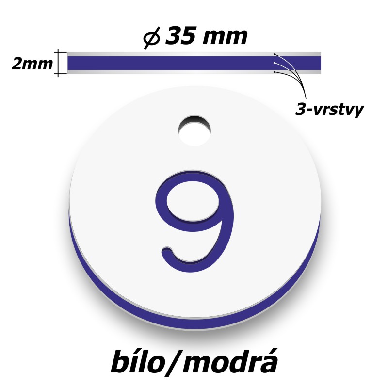 Plastová klíčenka, typ C, průměr 35 mm, bílo/modrá