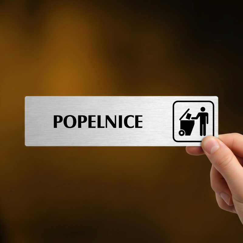 Popelnice, stříbrná cedulka, 180x45mm