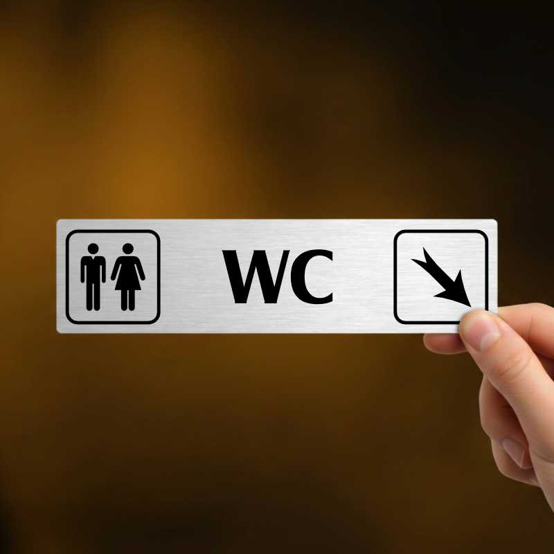 WC vpravo dolů, stříbrná cedulka, 180x45mm