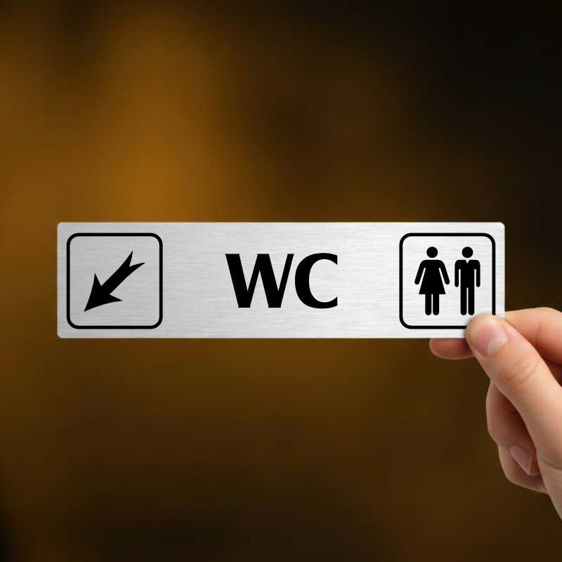 WC vlevo dolů, stříbrná cedulka, 180x45mm