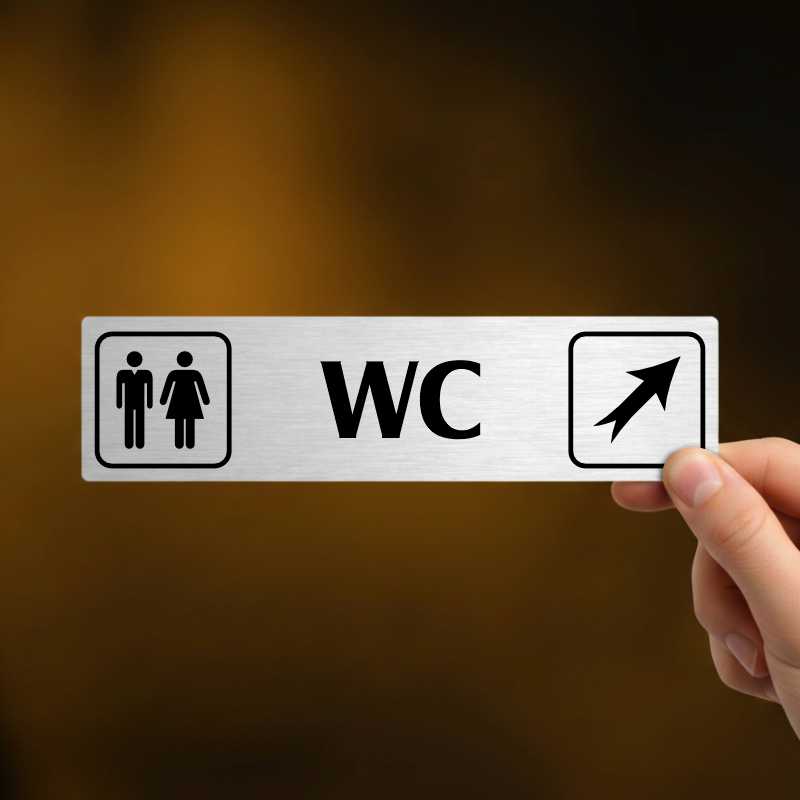 WC vpravo nahoru, stříbrná cedulka, 180x45mm