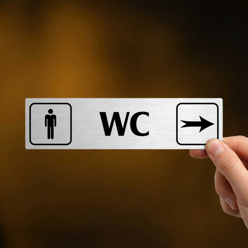 WC muži vpravo, stříbrná cedulka, 180x45mm