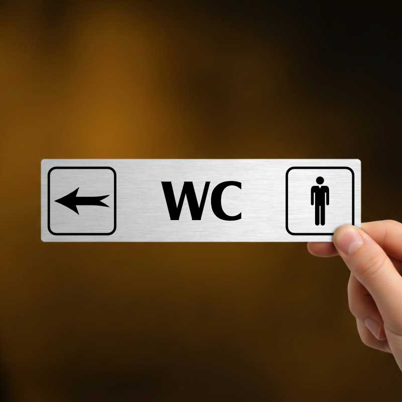 WC muži vlevo, stříbrná cedulka, 180x45mm