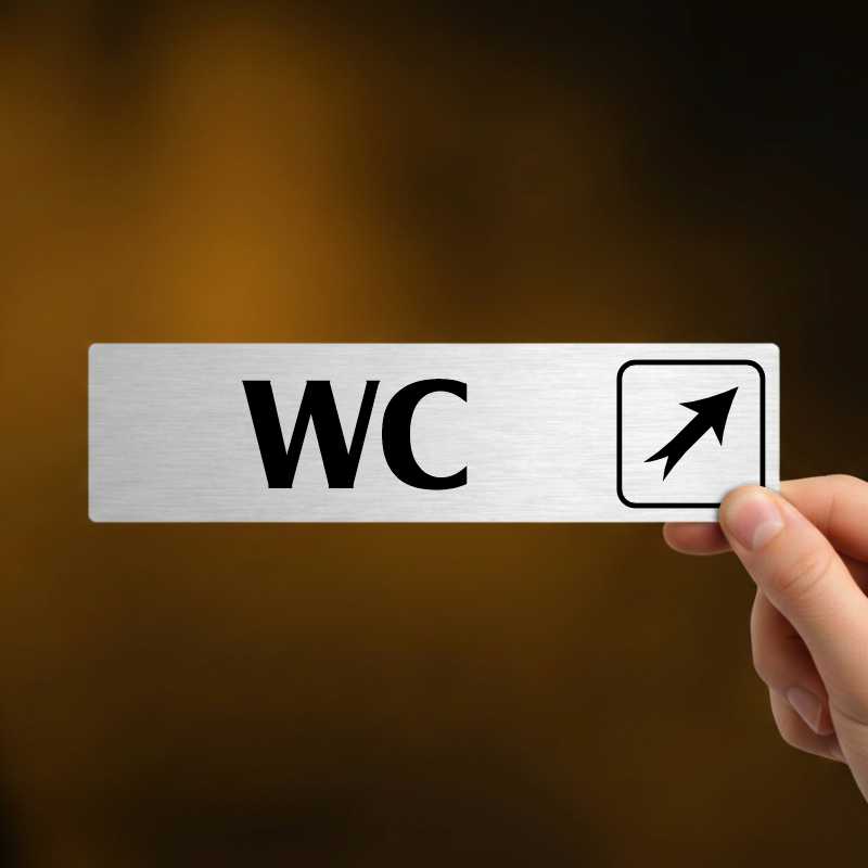 WC vpravo nahoru, stříbrná cedulka, 180x45mm