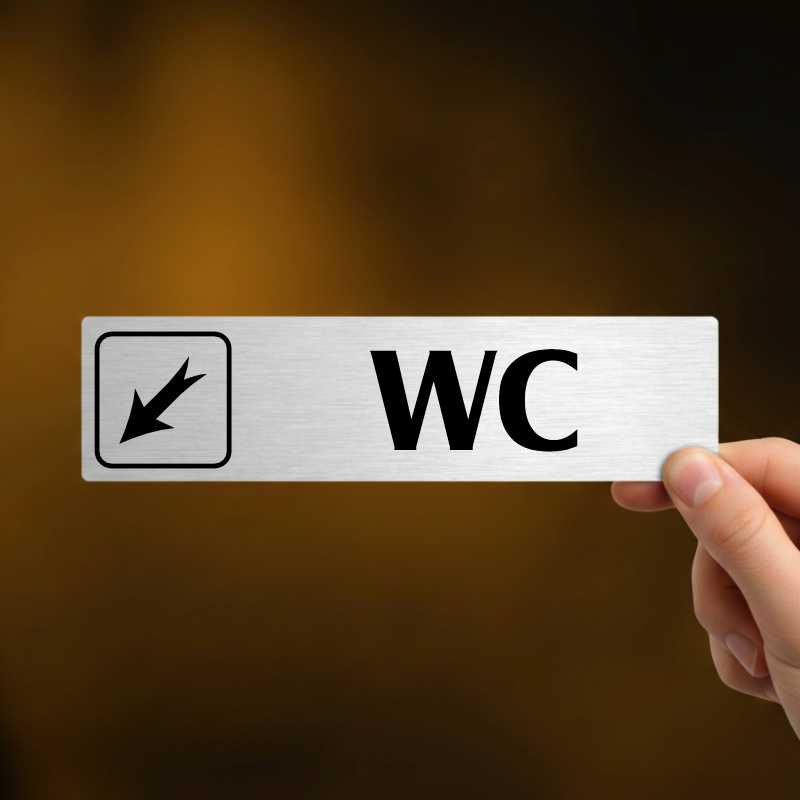 WC vlevo dolů, stříbrná cedulka, 180x45mm