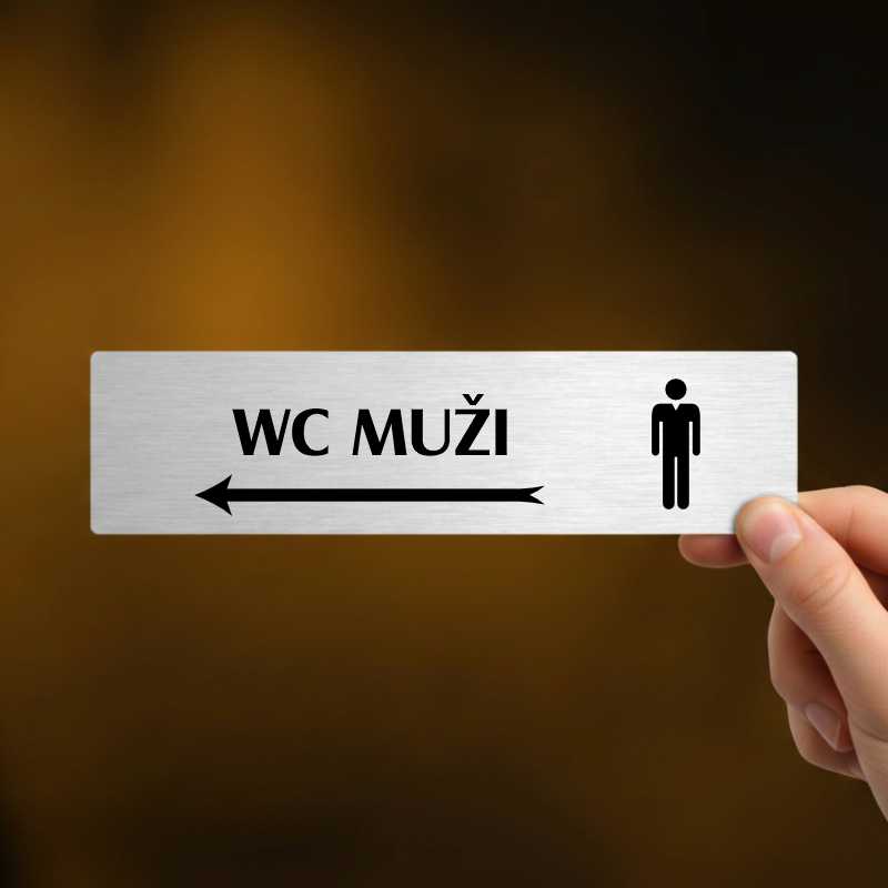 WC muži vlevo, stříbrná cedulka, 180x45mm