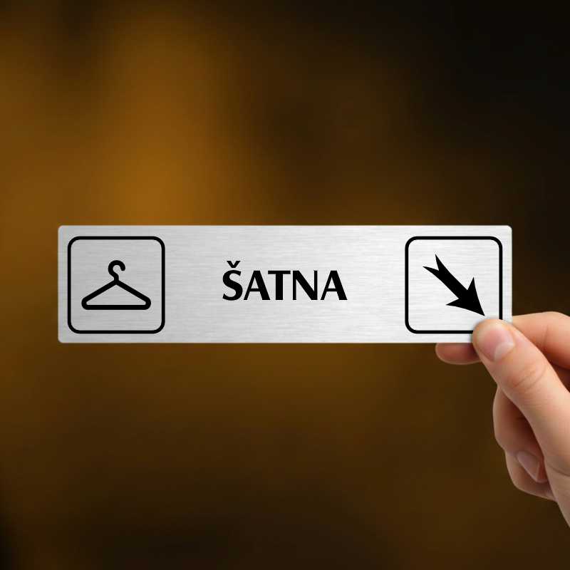 Šatna vpravo dolů, stříbrná cedulka, 180x45mm