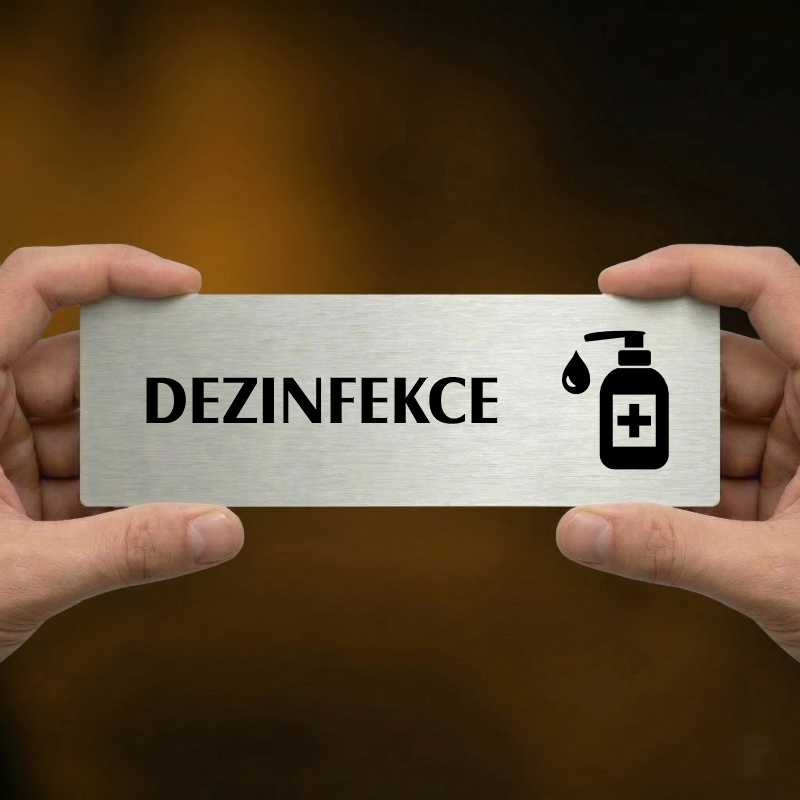 Dezinfekce, 200x66mm, zlatá popiska s dvojtým rámečkem