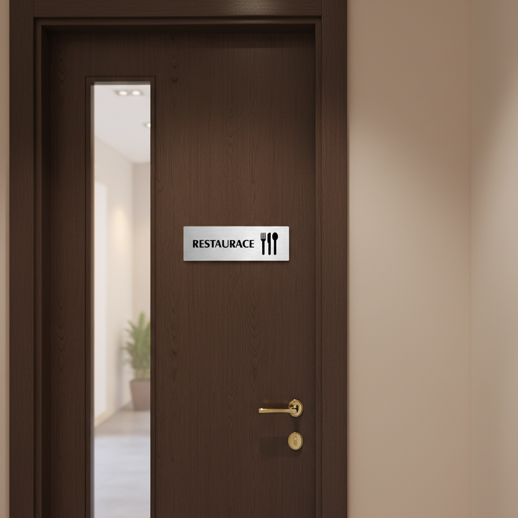 Restaurace, 200x66mm, zlatá popiska s okrasným rámečkem  