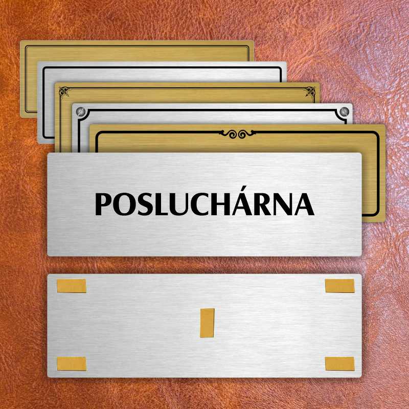 Posluchárna, 200x66mm, stříbrná popiska s imitacemi šroubků