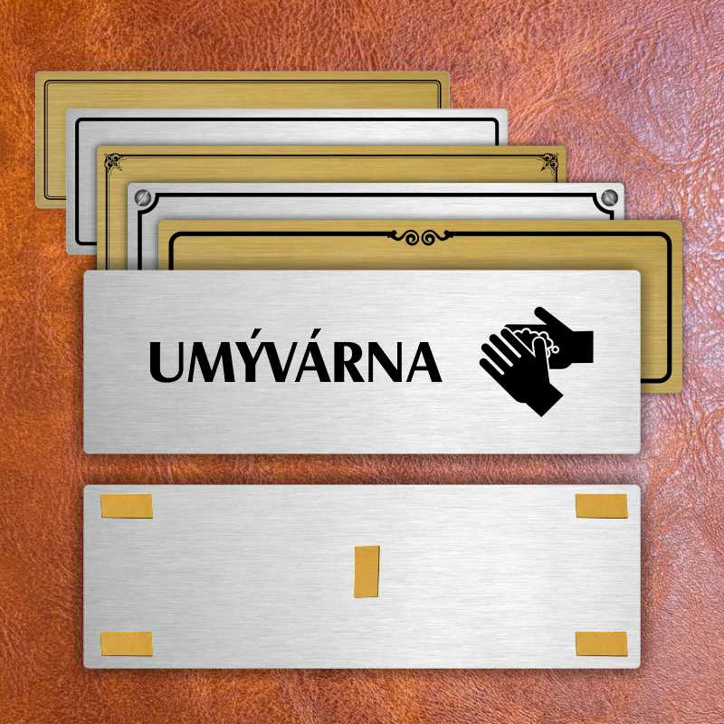 Umývárna, 200x66mm, stříbrná popiska s dvojtým rámečkem