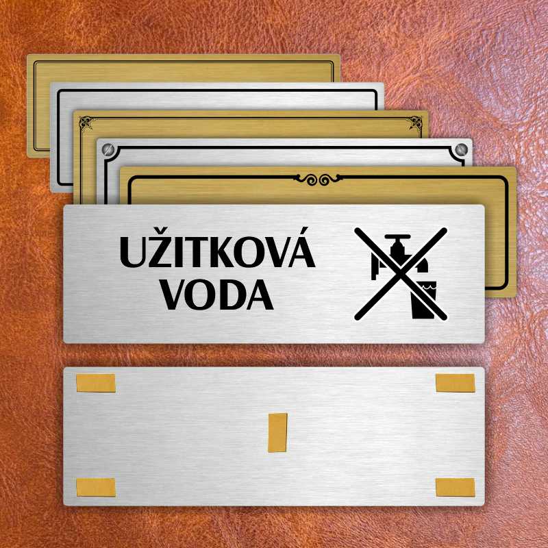 Užitková voda, 240x79mm, stříbrná popiska s okrasným rámečkem  
