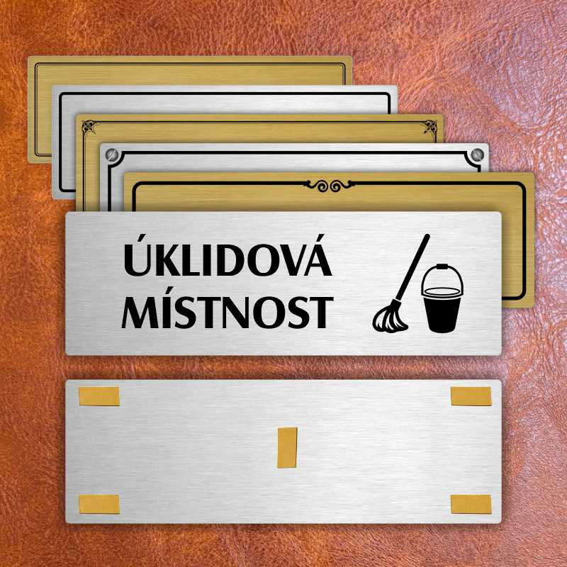 Úklidová místnost, 240x79mm, zlatá popiska s okrasným rámečkem  