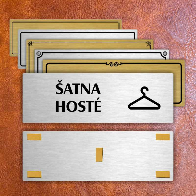 Šatna hosté, 200x66mm, stříbrná popiska s imitacemi šroubků