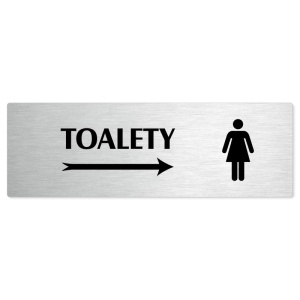 Toalety vpravo ženy, 240x79mm, stříbrná popiska 