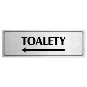 Toalety vlevo, 240x79mm, stříbrná popiska s rámečkem