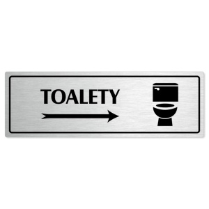 Toalety vpravo, 240x79mm, stříbrná popiska s rámečkem