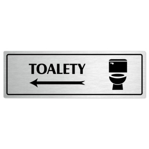 Toalety vlevo, 240x79mm, stříbrná popiska s rámečkem