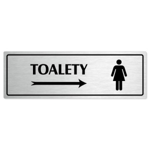 Toalety vpravo ženy, 200x66mm, stříbrná popiska s rámečkem
