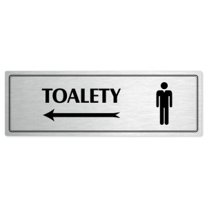 Toalety vlevo muži, 200x66mm, stříbrná popiska s dvojtým rámečkem