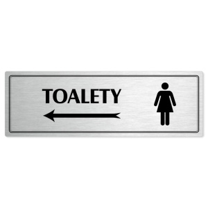 Toalety vlevo ženy, 200x66mm, stříbrná popiska s dvojtým rámečkem