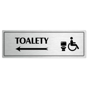Toalety vlevo invalida, 240x79mm, stříbrná popiska s dvojtým rámečkem