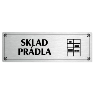 Sklad prádla, 200x66mm, stříbrná popiska s okrasným rámečkem  