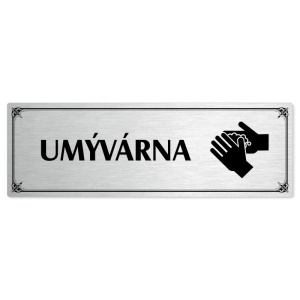 Umývárna, 200x66mm, stříbrná popiska s okrasným rámečkem  