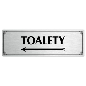 Toalety vlevo, 200x66mm, stříbrná popiska s okrasným rámečkem