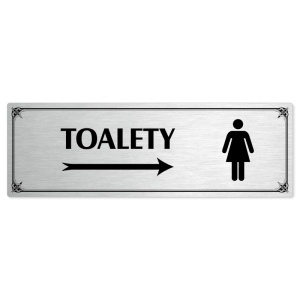Toalety vpravo ženy, 200x66mm, stříbrná popiska s okrasným rámečkem