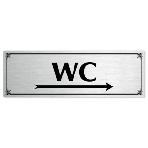 WC vpravo, 240x79mm, stříbrná popiska s okrasným rámečkem  