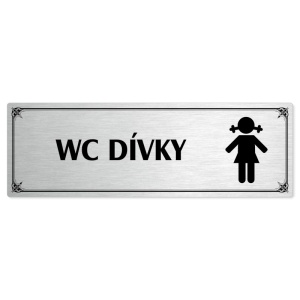 WC dívky, 200x66mm, stříbrná popiska s okrasným rámečkem  