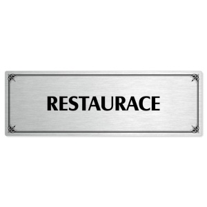 Restaurace, 200x66mm, stříbrná popiska s okrasným rámečkem  