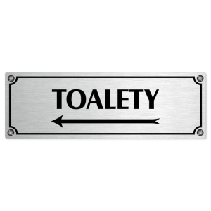 Toalety vlevo, 240x79mm, stříbrná popiska s imitacemi šroubků