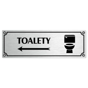 Toalety vlevo, 240x79mm, stříbrná popiska s imitacemi šroubků