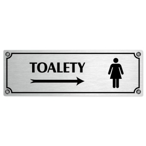 Toalety vpravo ženy, 240x79mm, stříbrná popiska s imitacemi šroubků