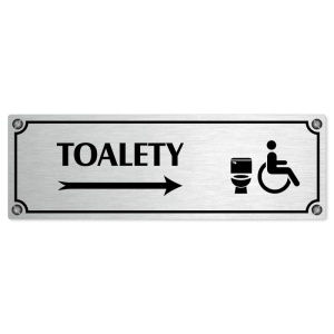 Toalety vpravo invalida, 240x79mm, stříbrná popiska s imitacemi šroubků