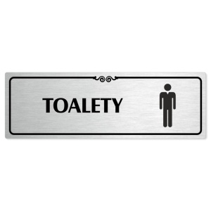 Toalety muži, 200x66mm, stříbrná popiska s ozdobou uprostřed