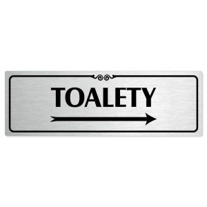 Toalety vpravo, 200x66mm, stříbrná popiska s ozdobou uprostřed