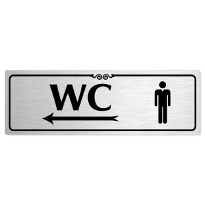 WC muži vlevo, 200x66mm, stříbrná popiska s ozdobou uprostřed