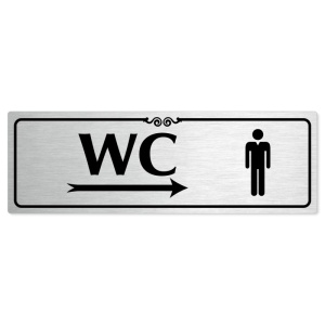 WC muži vpravo, 240x79mm, stříbrná popiska s ozdobou uprostřed