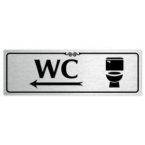 WC vlevo, 200x66mm, stříbrná popiska s ozdobou uprostřed
