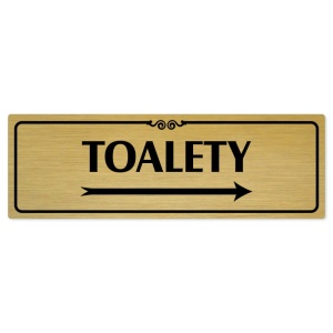 Toalety vpravo, 240x79mm, zlatá popiska s ozdobou uprostřed