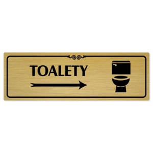 Toalety vpravo, 200x66mm, zlatá popiska s ozdobou uprostřed