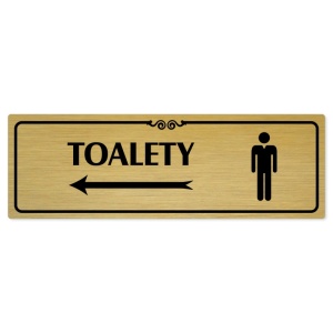 Toalety vlevo muži, 200x66mm, zlatá popiska s ozdobou uprostřed