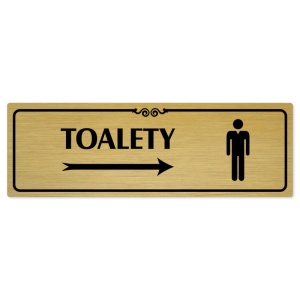Toalety vpravo muži, 200x66mm, zlatá popiska s ozdobou uprostřed