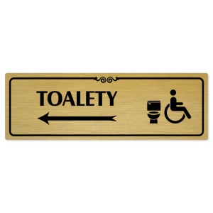 Toalety vlevo invalida, 200x66mm, zlatá popiska s ozdobou uprostřed