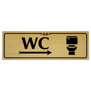 WC vpravo, 200x66mm, zlatá popiska s ozdobou uprostřed